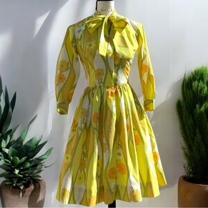 Vintage 1960s Yellow Floral Semi Sheer Midi Dress Handmade